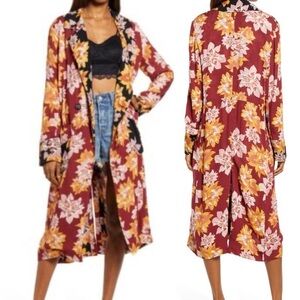 Free People Niya Floral Print Boho Festival Long Duster Jacket Size Large